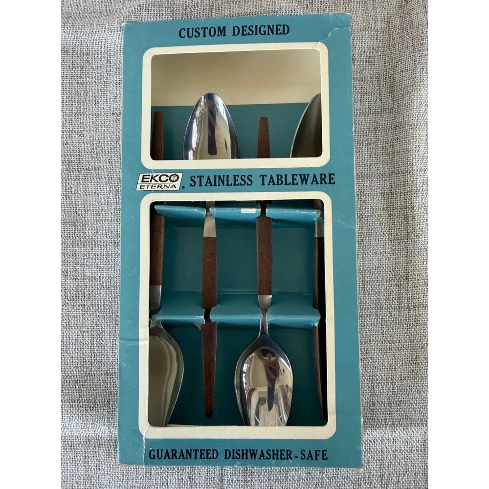 Ekco Eterna Canoe Spoons Set 6 New Vintage Mid Century Modern Faux Wood Handle
